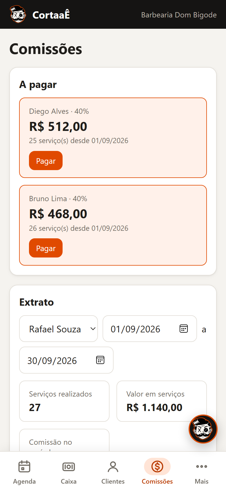 Comissões a pagar por barbeiro no celular