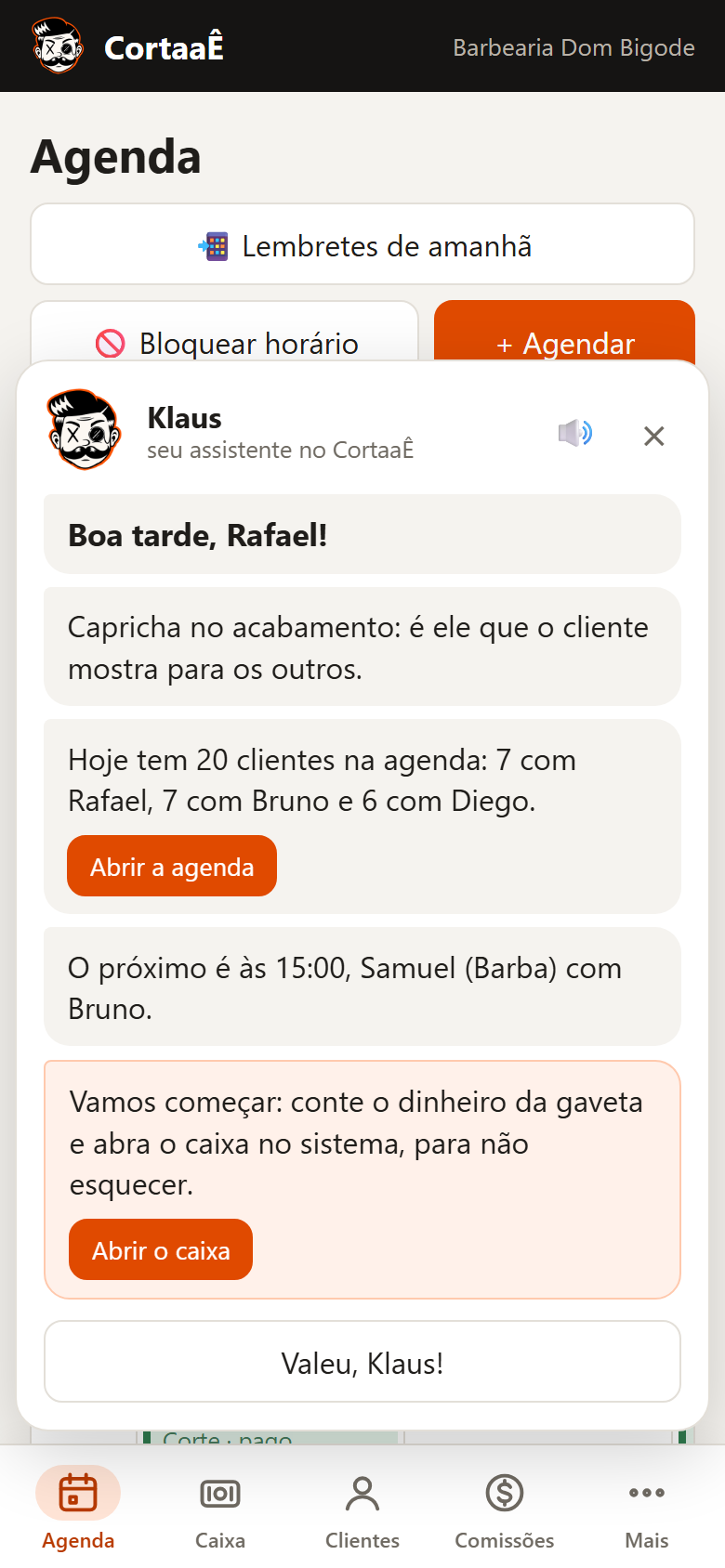 CortaaÊ no celular: o Klaus dando bom dia com o resumo da agenda